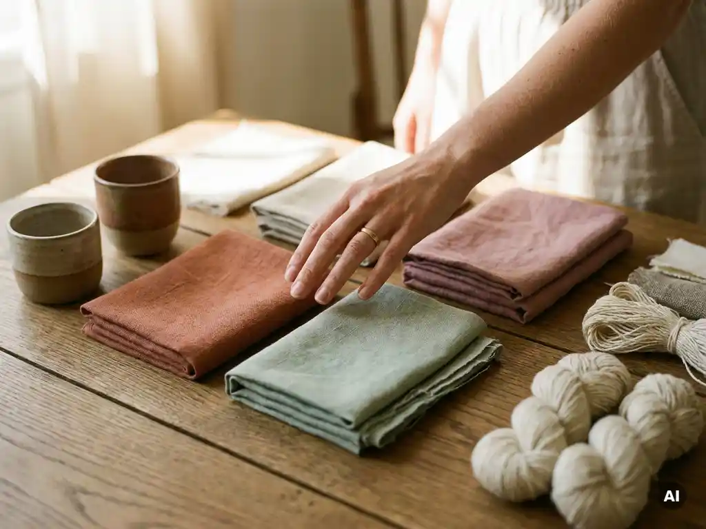 Hand die zweeft boven stosstalen in terracotta, salie groen en stoffig roze op een eiken tafel met kleine keramische vaasjes.