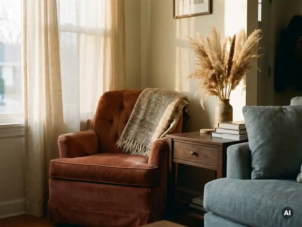 Terracottakleurige fluwelen fauteuil naast een grijze linnen bank met donker walnoten bijzettafel en pampasgras in warm middaglicht.