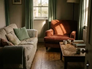 Versleten linnen bank naast een levendige terracotta fauteuil in zonlicht, met naturel eiken vloer en salie groene accenten.