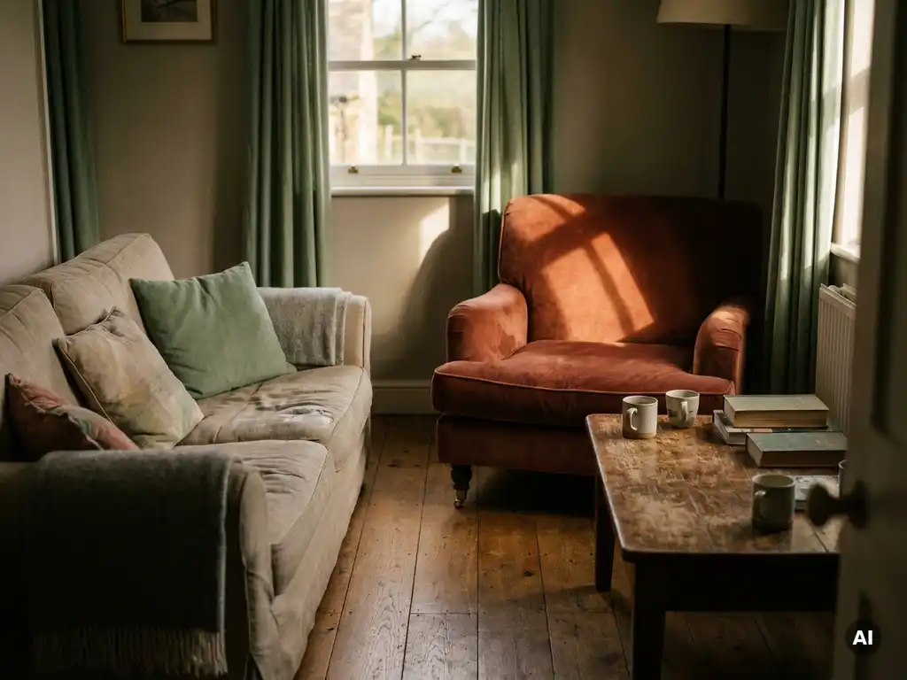 Versleten linnen bank naast een levendige terracotta fauteuil in zonlicht, met naturel eiken vloer en salie groene accenten.