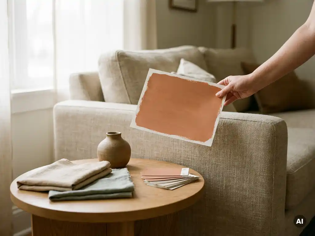 Terracotta verfstaal tegen linnen bank met natuurlijke materiaalstalen, keramieken vaas en eiken bijzettafel in warme woonkamer.