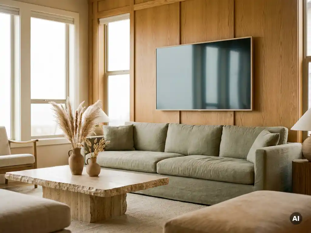 Flatscreen tv aan eikenhouten wand boven linnen bank, met travertijnen salontafel, pampasgras en keramische vazen in warm naturel interieur.