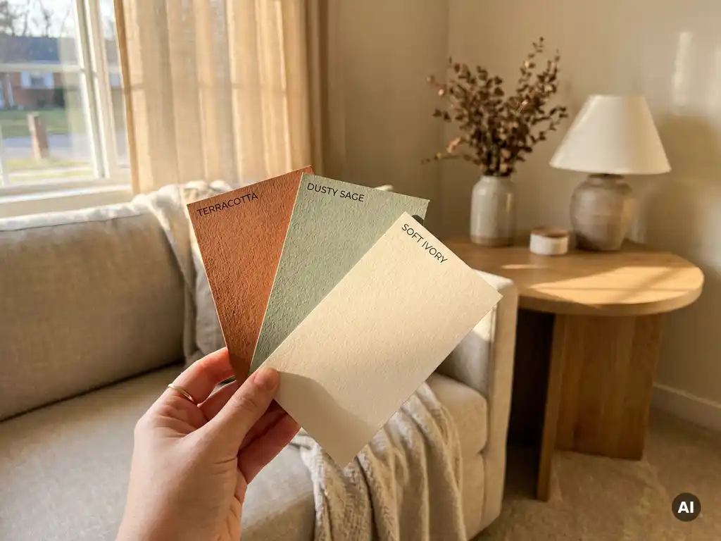 Hand met verfstalen in terracotta, salie en ivoor, met op de achtergrond een linnen bank en eiken bijzettafel in warm middaglicht.