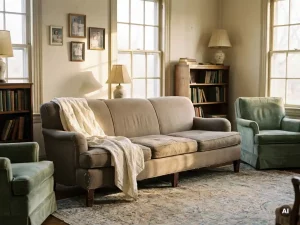 Versleten beige bank met platgedrukte kussens en een frisse linnen plaid over de armleuning, warm middaglicht door hoge ramen.