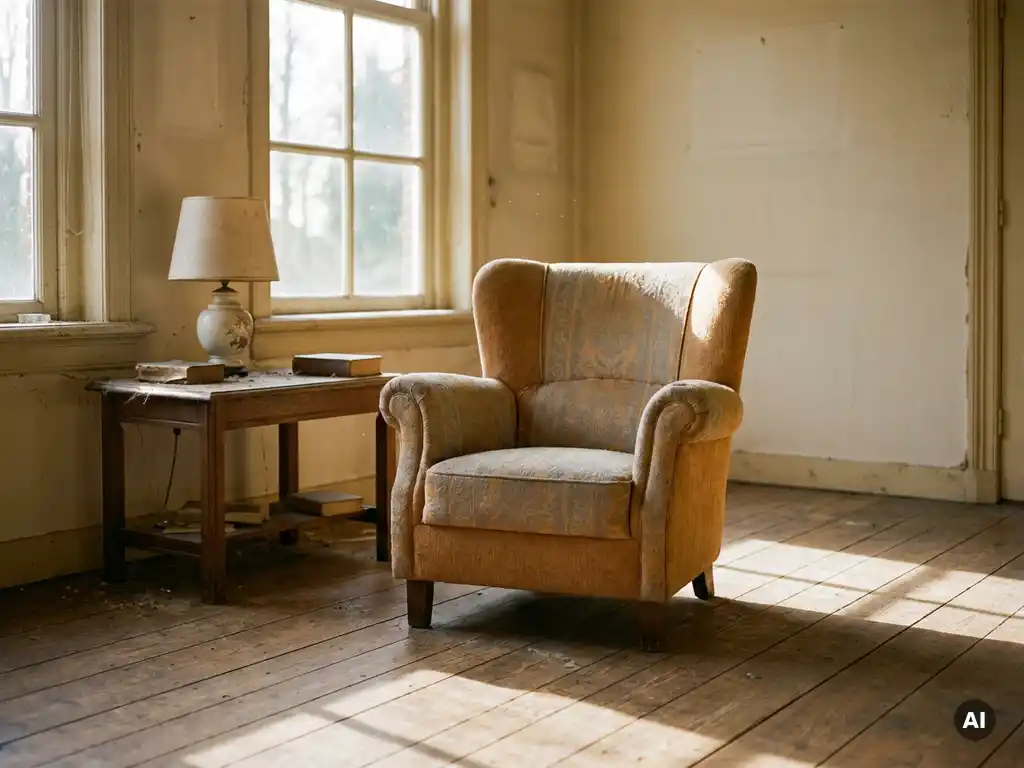 Versleten fauteuil met vervaagde stof in zonnige Nederlandse woonkamer, warme middaglichtstralen op houten vloer.