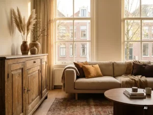 Vintage eiken dressoir naast moderne linnen bank in Nederlandse woonkamer, verbonden door pampagras en keramische vazen in warm middaglicht.