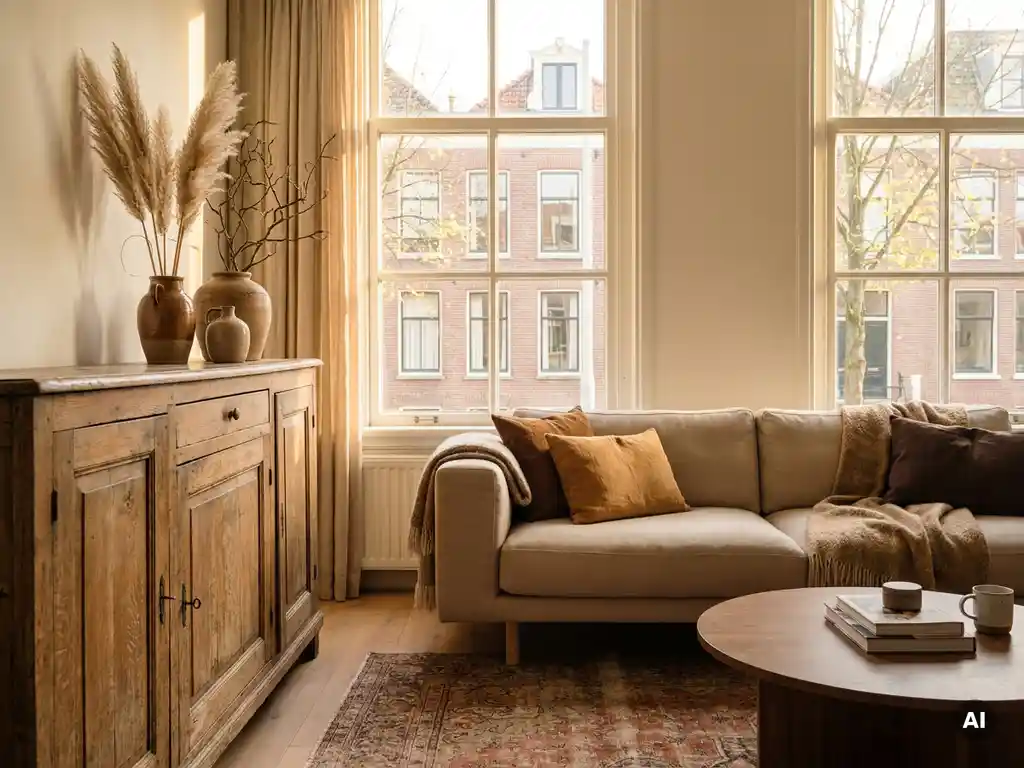 Vintage eiken dressoir naast moderne linnen bank in Nederlandse woonkamer, verbonden door pampagras en keramische vazen in warm middaglicht.