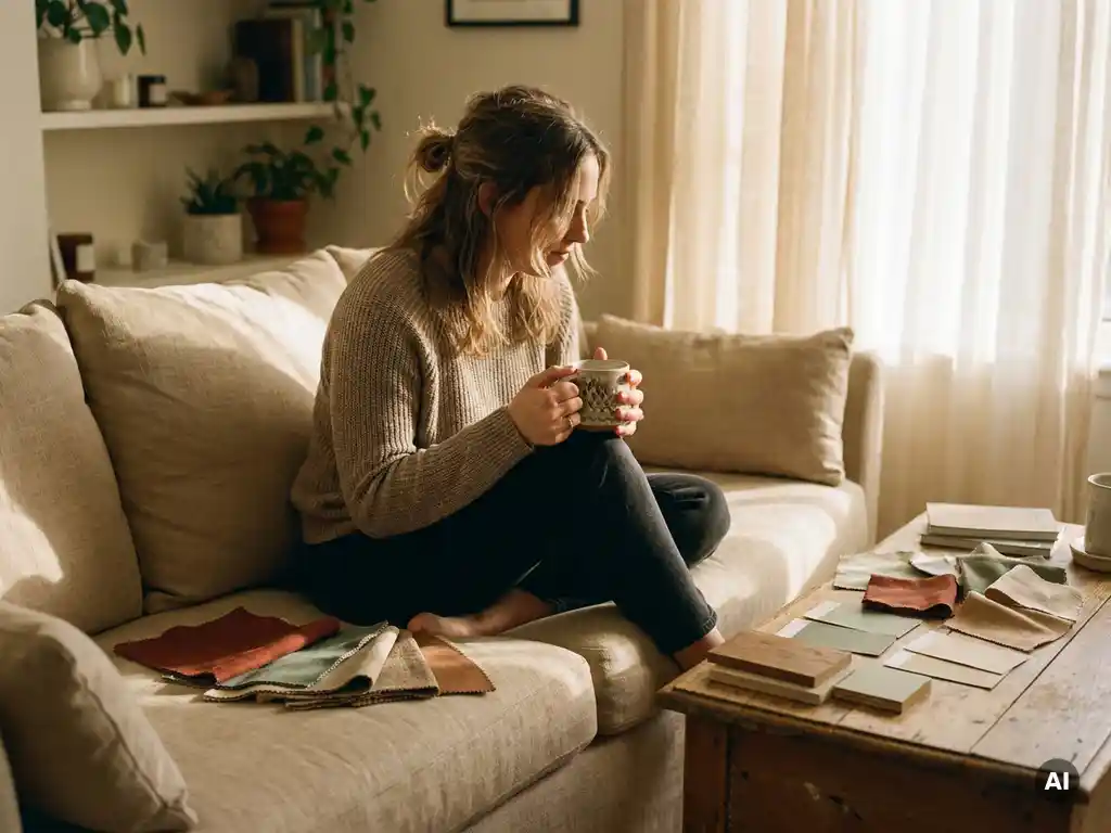 Vrouw zit gekruist op linnen bank met interieurstoffen, keramische mok en naturel houten bijzettafel in warme terracotta woonkamer.