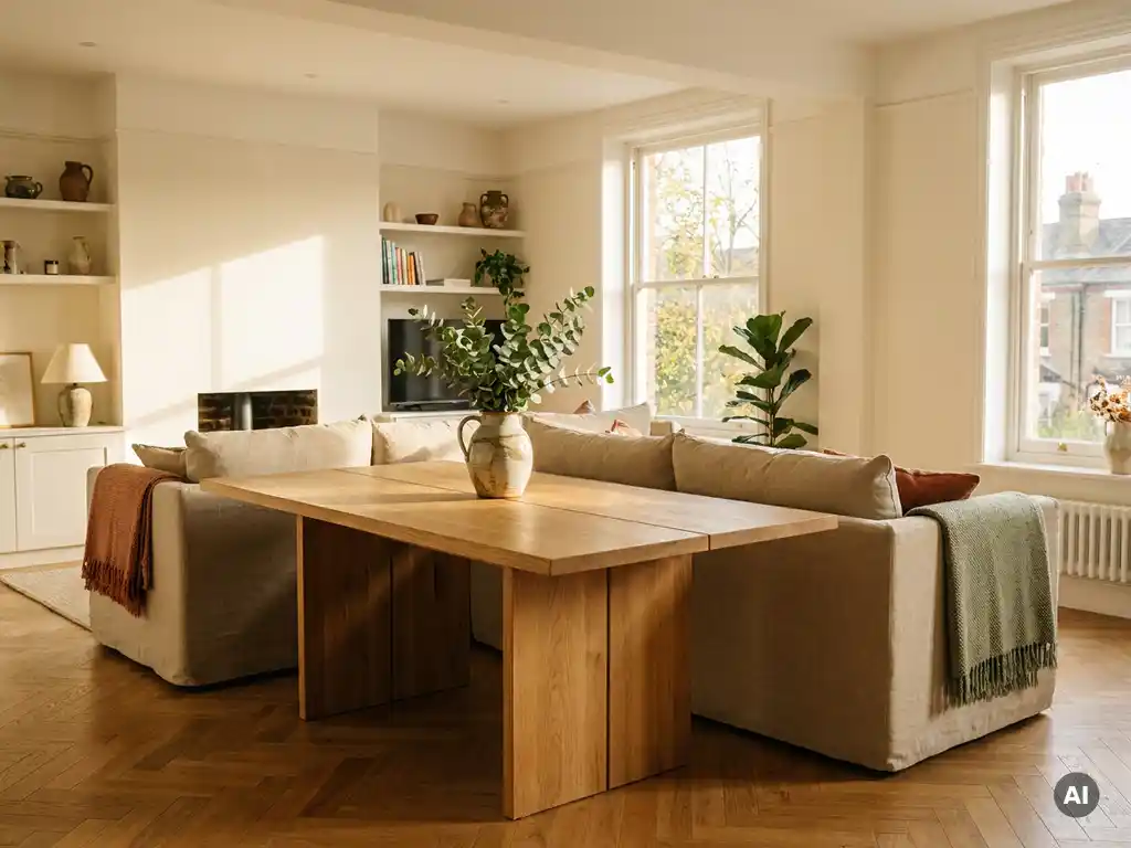 Lichte open woonkamer met eiken eettafel, linnen bank, eucalyptustakken in keramische vaas en visgraatvloer in warm middaglicht.