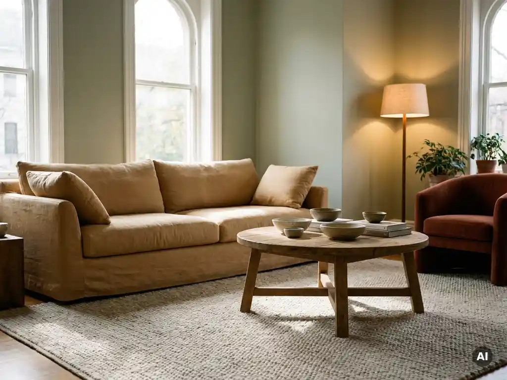 Warme woonkamer met linnen bank, ronde eiken salontafel op wollen vloerkleed en vloerlamp in terracotta en saliegroen interieur.