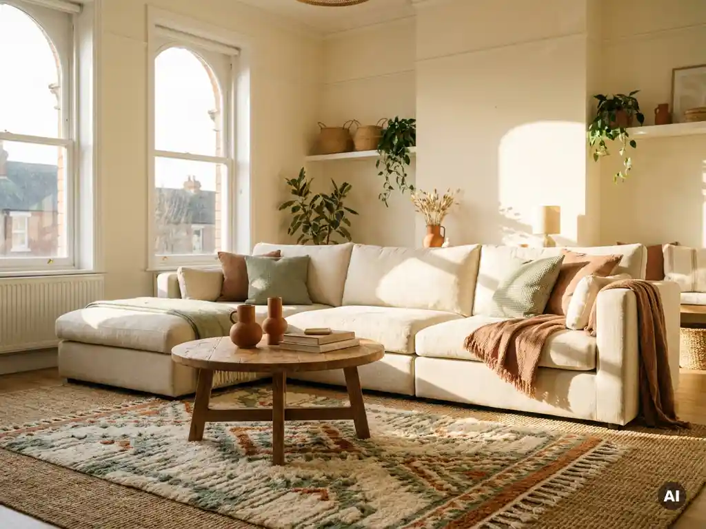Zonnige open woonkamer met linnen bank, eiken salontafel en wollen vloerkleden in terracotta en salie groene tinten.