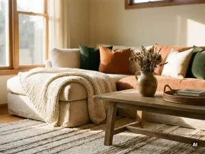 Linnen bank met grove gebreide plaid naast een verweerde eiken salontafel, keramische vaas en rotan dienblad, warme terracotta en bosgroene tinten.