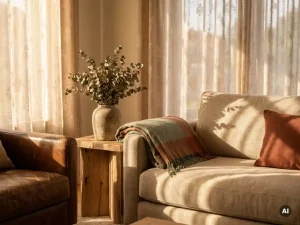 Gezellige woonkamerhoek met linnen bank, leren fauteuil en eiken bijzettafel in warm zandtinten, terracotta en salie, badend in middagzon.