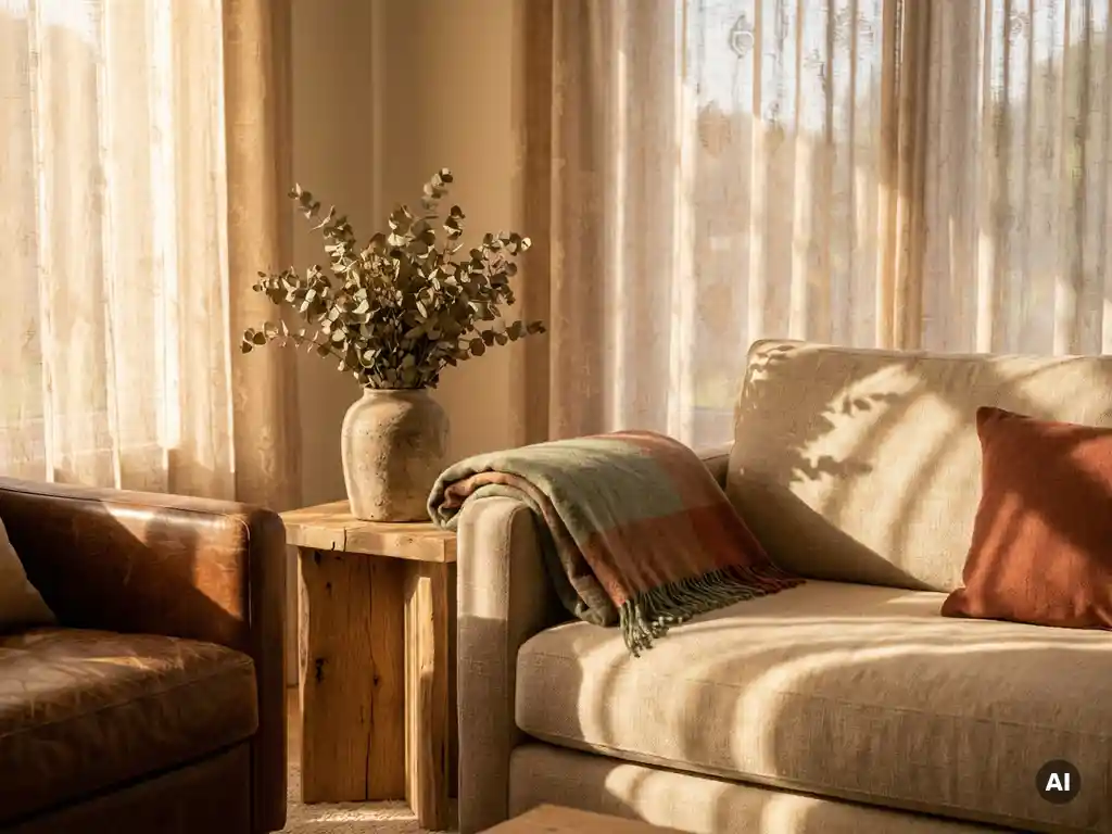 Gezellige woonkamerhoek met linnen bank, leren fauteuil en eiken bijzettafel in warm zandtinten, terracotta en salie, badend in middagzon.