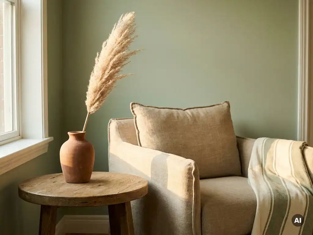 Linnen fauteuil in zandtint naast een eiken bijzettafel met pampasgras in terracotta vaas, saliegroen muur, warm middaglicht.