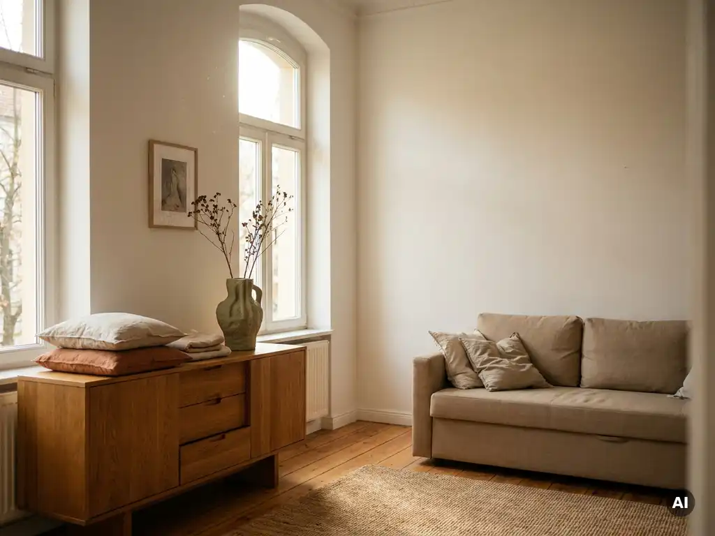 Woonkamer met contrast tussen generieke flatpack-bank en een warme, op maat gestileerde zijdeboard-vignette met linnen kussens en keramisch vaas.