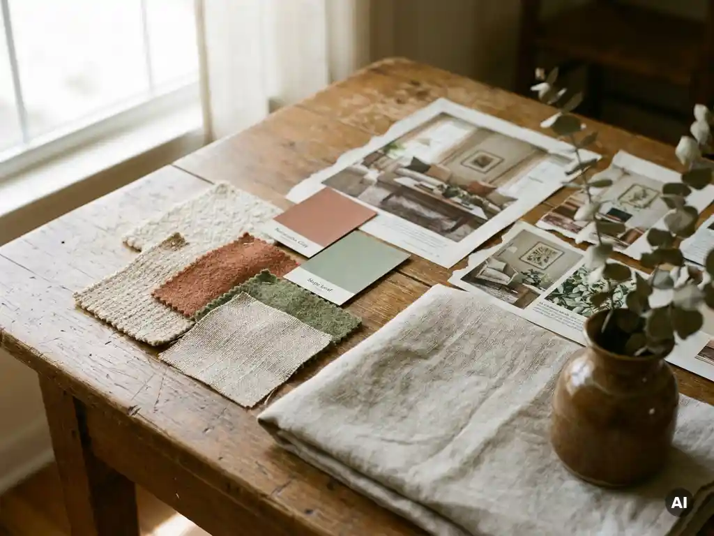 Woonkamer moodboard met stoffentesters, verf­chips in terracotta en salie­groen en tijdschrift­knipsels op verweerd eiken tafel.