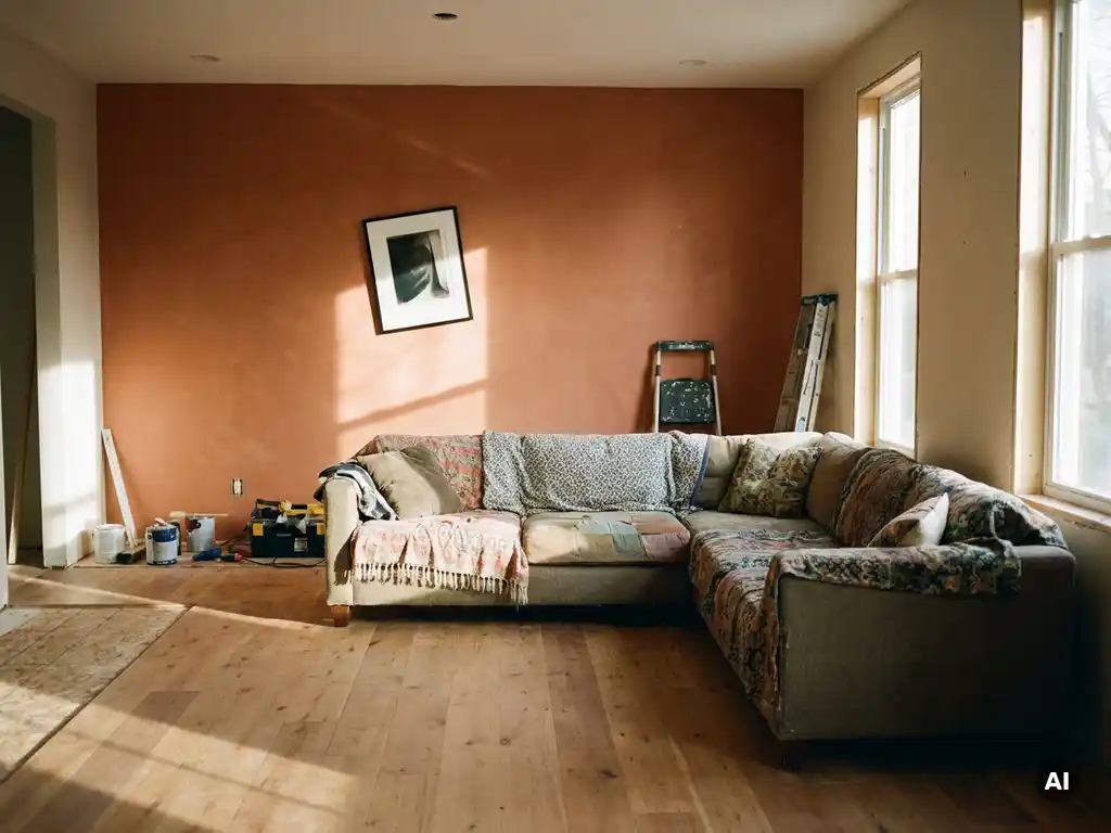 Onafgewerkte woonkamer met mismatched bank, kaal houten vloer en enkel ingelijst kunstwerk in warm middaglicht.