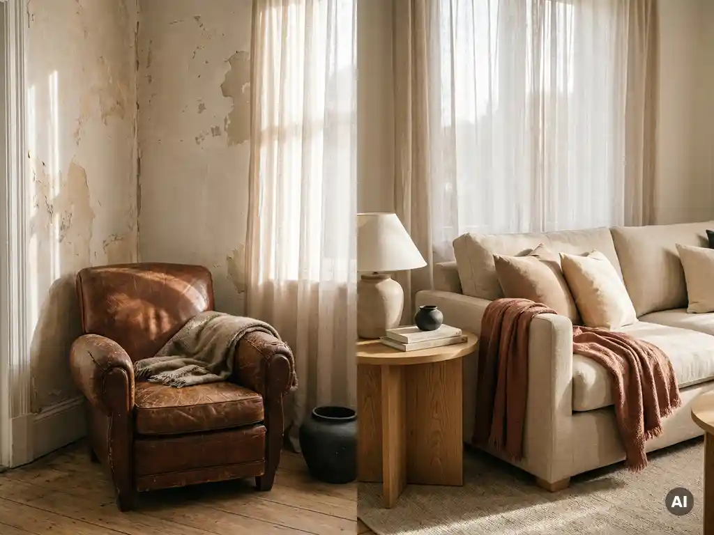 Verouderde leren fauteuil naast een nieuw linnen bankstel met eiken bijzettafel in warme terracotta woonkamer.