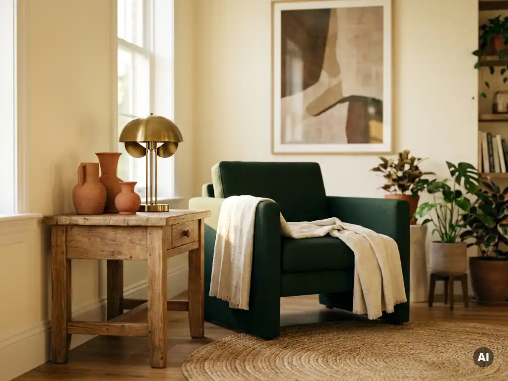 Rustieke houten bijzettafel naast moderne fauteuil met linnen plaid, terracotta vazen en messing lamp in eclectisch ingerichte woonkamer.