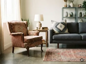 Woonkamerhoek met stijlbotsing tussen vintage fauteuil en moderne bank, terracotta en grijstinten in contrast.