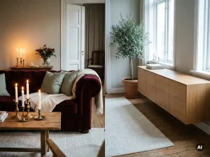 Fluwelen chesterfield-bank tegenover een minimalistische eikenhouten dressoir in een warme woonkamer met bordeaux- en saliegroen accenten.