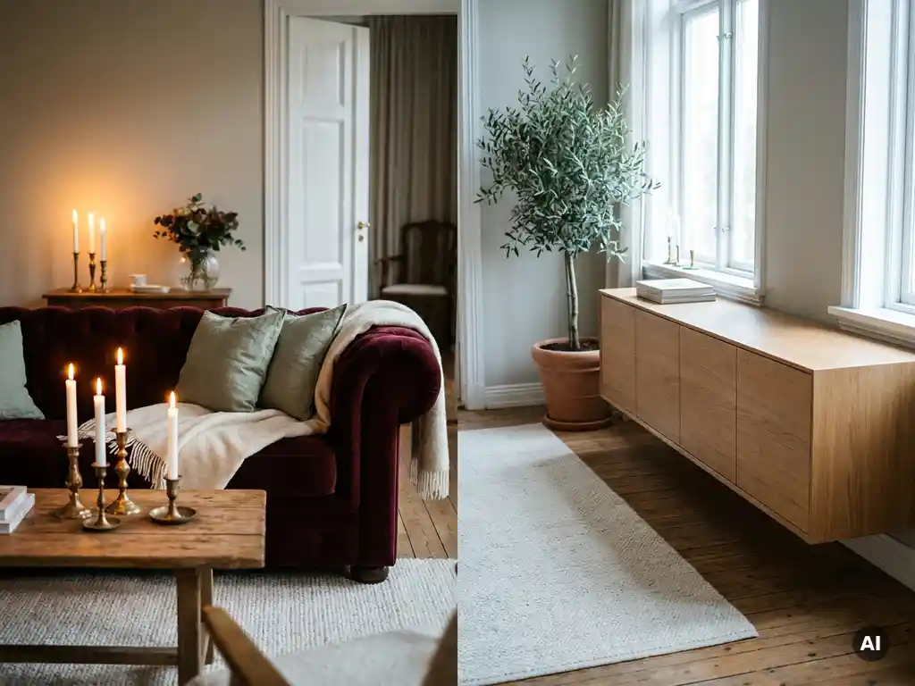 Fluwelen chesterfield-bank tegenover een minimalistische eikenhouten dressoir in een warme woonkamer met bordeaux- en saliegroen accenten.